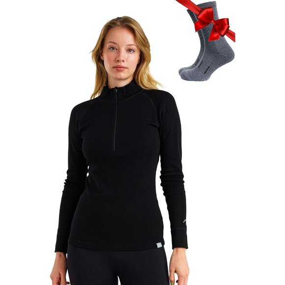 Merino Wool Base Layer Women Heavyweight Thermal Half Zip Sweater Socks